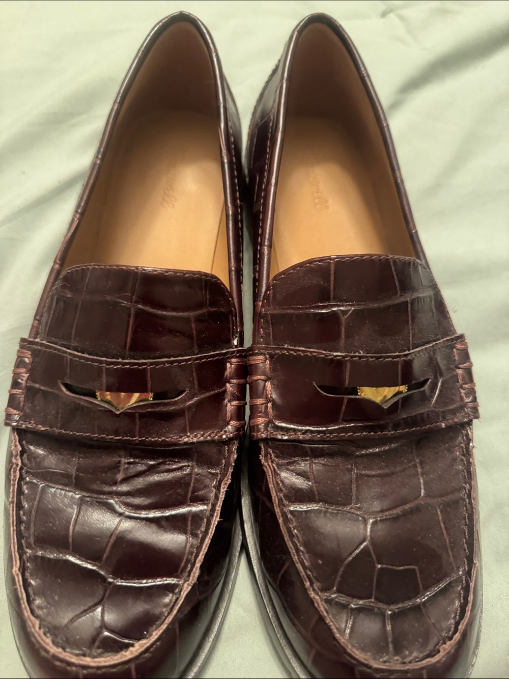 Women’s madewell Croc-Embossed Leather Penny Loafers in Dark Brown